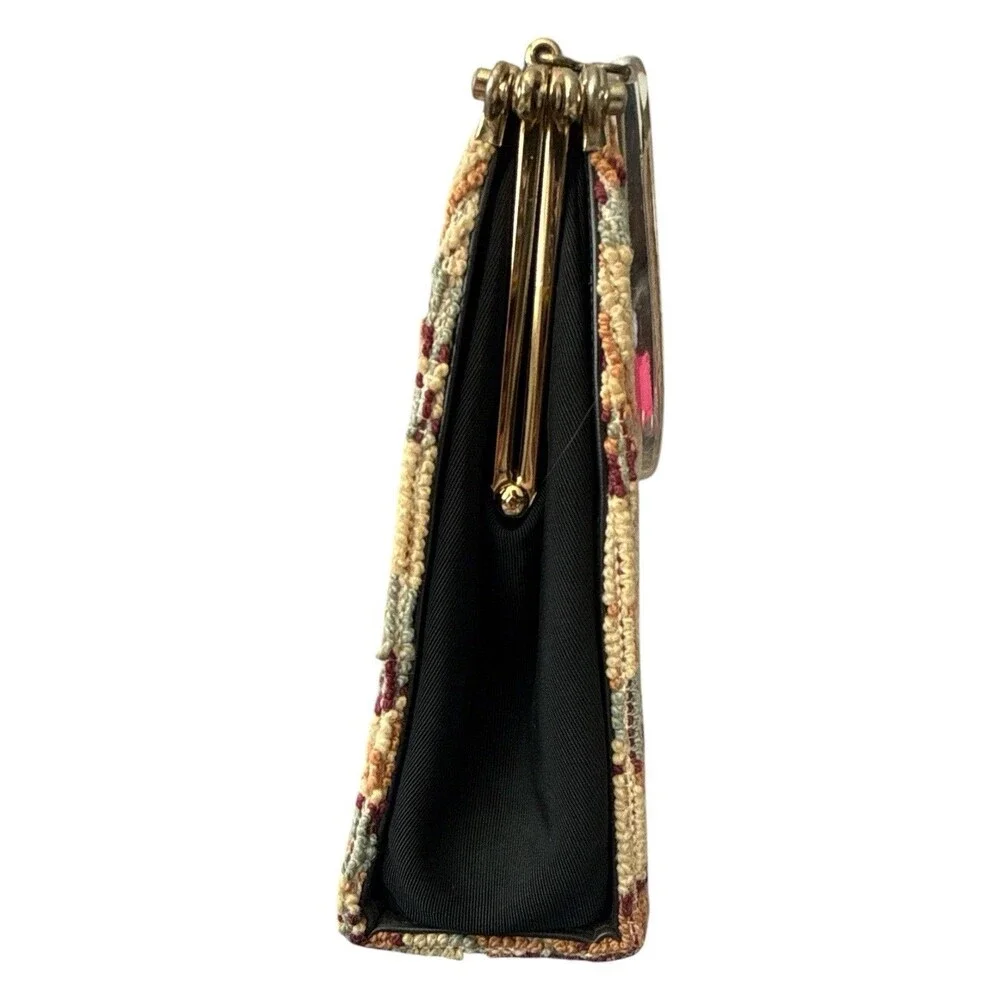 Ambassador Original Floral Needlepoint Lucite Handle Kiss Lock Handbag Purse Vtg